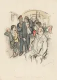 Alfred Gerstenbrand, Heimfahrt in der Elektrischen, mixed media on paper; framed