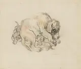 Female dog with puppies by Ludwig Heinrich Jungnickel, mixed media on paper; framed, sold Dec 2025