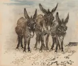 Three donkeys by Ludwig Heinrich Jungnickel, mixed media on paper; framed, sold Dec 2025