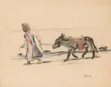 Travelling with donkey by Ludwig Heinrich Jungnickel, mixed media on paper; framed, sold Dec 2025
