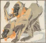 Norbertine Bresslern-Roth, Affen (Mandrille), colour linocut on paper; framed