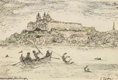 Oskar Laske, Fischerglück vor Melk, India ink, watercolour on paper; framed