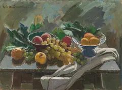 Robin Christian Andersen, Obstschüsseln auf Tisch mit geöffneter Lade, 1929, oil on canvas; framed