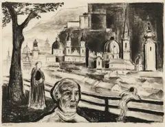 Albert Birkle, Salzburg – View from the Mönchsberg, charcoal and India Ink brush on laid paper; framed