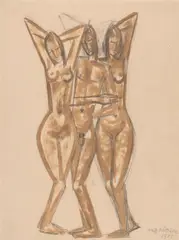 Fritz Wotruba, Three standing nudes, 1933, watercolour over pencil on paper; framed