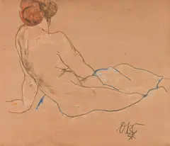 Otto Rudolf Schatz, Female nude from behind with red hair, 1922, black chalk and gouache on paper; framed