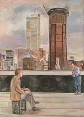 Edith Kramer, 2 People on Roof, 1987, oil on canvas; framed