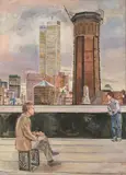 Edith Kramer, 2 People on Roof, 1987, oil on canvas; framed
