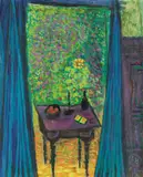 Leopold Birstinger, Desk in front of the window II, c. 1971, oil on canvas; framed