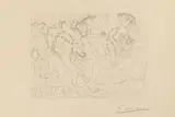 Pablo Picasso, Le Repos du Sculpteur devant une Bacchanale au Taureau" from "La Suite Vollard, 1933, etching on paper Vergé de Montval with watermark "Picasso"; framed