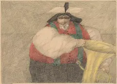 Paul Flora, Ein dicker Musikant, 1988, India ink, coloured pencil on paper; framed