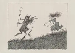 Paul Flora, Eine Hexe verpasst dem Höllenfürsten einen Hexenschuss, 1996, India ink, colour pencil on paper; framed
