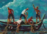 Wilhelm Kaufmann, Fishermen, oil on pressboard; framed