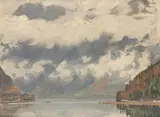Ferdinand Andri, Nebelziehen am Obersee, oil on cardboard; framed
