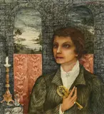 Anton Lehmden, Portrait in front of a landscape view