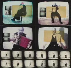 Rudolf Polanszky, Illustration aus "der musikalische Affe II- Gedächtnis und Musik, 2001, photographs, collage, pencil, felt-tip pen on paper on wooden panel; framed