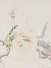 Maria Lassnig, Bedrohung im Grunewald, 1978, mixed media on paper; framed