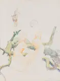 Maria Lassnig, Bedrohung im Grunewald, 1978, mixed media on paper; framed