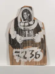 Christian Eisenberger, James Dean" (from the series "Pappfiguren"), mixed media, collage on cardboard