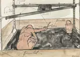 Bruno Gironcoli, Gummitisch, 1975, mixed media on paper; framed
