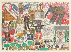 August Walla, Fegefeuer der armen Seelen.!, mixed media on paper; framed