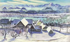 Harald Scheicher, Penk, mit Drau und Obir, 2022, oil on canvas; framed