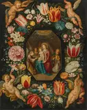 Frans Francken III, Floral Wreath with Madonna, Child and Angels, Framed by Four Putti, oil on copper; framed