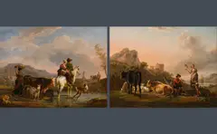 Jean-Baptiste Pillement, Landscape with Shepherd Scene (counterparts), oil on panel; framed