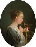 François Boucher, Girl with a Bird, oil on panel; framed