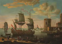 Abraham Storck, Southern Seaport with Anchored Three-Masted Ship and Boats, oil on canvas; framed