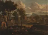 Mathys Schoevaerdts, Landscape with City View and Staffage, oil on canvas; framed