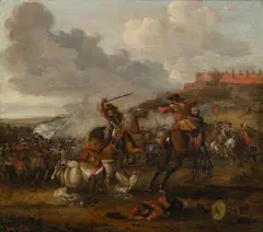Joseph van Bredael, Battle Scene, oil on panel; framed