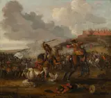 Joseph van Bredael, Battle Scene, oil on panel; framed