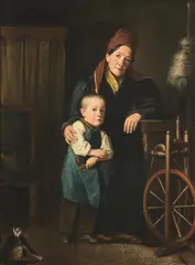 Johann Michael Neder, Grandmother with Grandson at the Spinning Wheel, c. 1848, oil on canvas; framed