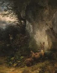 Friedrich Gauermann, Deer Family, 1843, oil on canvas; framed