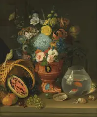 Floral Still Life with Goldfish Bowl by Josef Ginovszky, 1825, oil on canvas; framed, sold Dec 2025