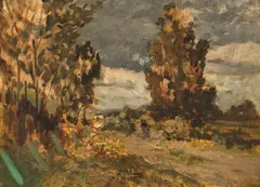 Tina Blau, Figure on a Country Road, c. 1890, oil on canvas on cardboard; framed
