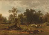 Eduard Peithner Ritter von Lichtenfels, Forest Landscape with Cattle Herd, 1869, oil on panel; framed