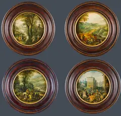 Jan Brueghel the Elder, The Four Seasons- Spring (River Landscape with Elegant Company in a Boat), Summer (The Harvest), Autumn (Busy Country Road with Inn), Winter (Roman Carnival), oil on copper (tondo); framed