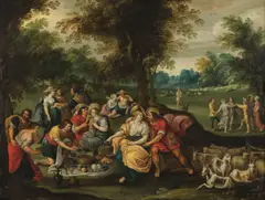 Simon de Vos, Outdoor Picnic, oil on copper; framed