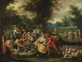 Simon de Vos, Outdoor Picnic, oil on copper; framed