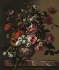 Gilles Dutillieu, Bouquet in Embossed Stone Vase, oil on canvas; framed