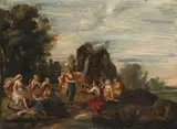 Erasmus Quellinus the Younger, Apollo and the Muses on Mount Parnassus, oil on panel; framed