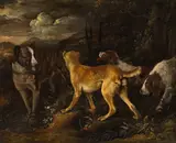 Adriaen Cornelisz Beeldemaker, Landscape with Dogs, oil on canvas; framed