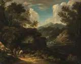 Francesco Casanova, Mountainous River Landscape with Travelers, oil on panel; framed