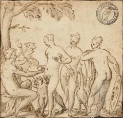 Hans Rottenhammer, The Judgement of Paris, pen in brown ink, brown wash on paper, mounted on tinted paper; framed
