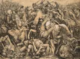 Peter Johann Nepomuk Geiger, Battle by Pressburg (on 4 July 907), pen in black on paper; framed