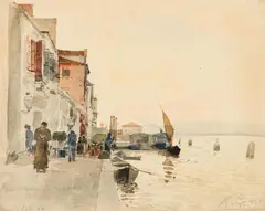 Marie Egner, Promenade at the Fondamenta Nuove, Venice, 1894, watercolour on paper; framed