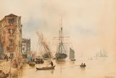 Rudolf von Alt, Ships in the harbour, Venice, 1842, watercolour on paper; framed