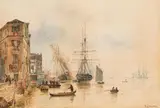 Rudolf von Alt, Ships in the harbour, Venice, 1842, watercolour on paper; framed